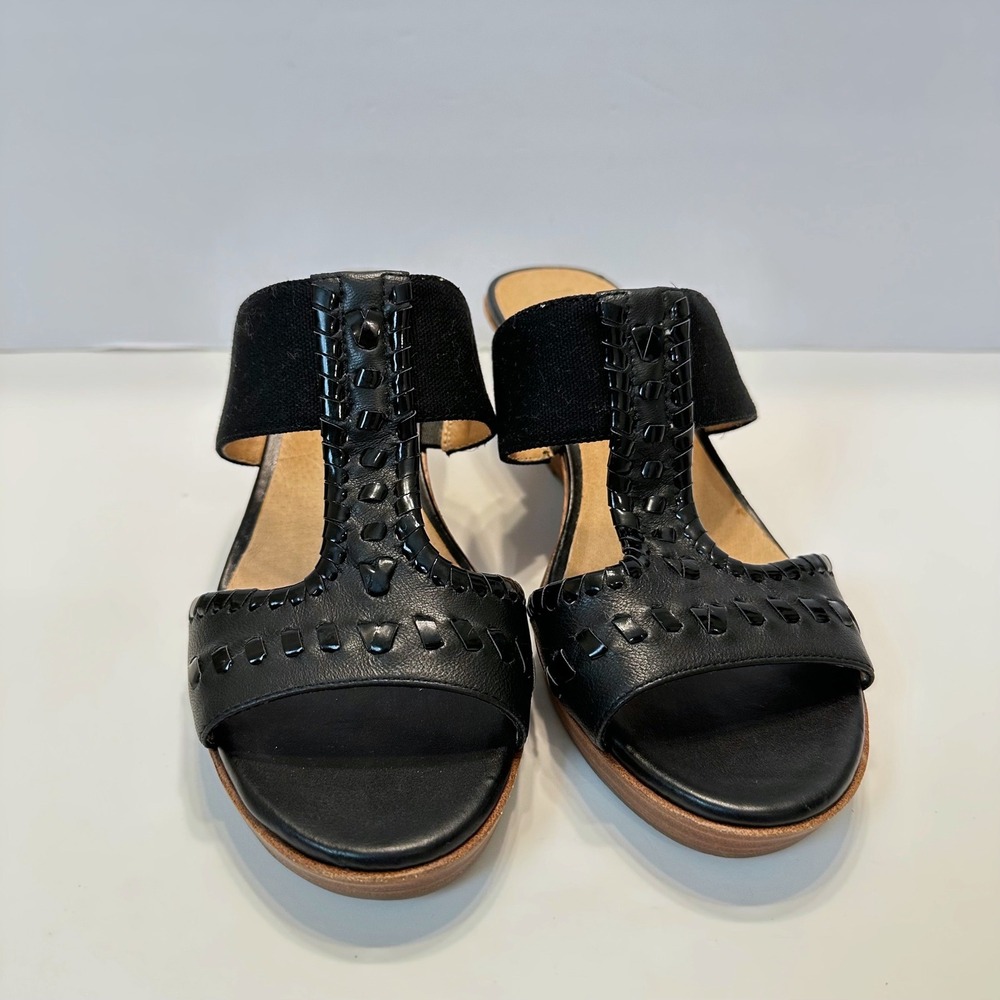 Jack Rogers Black Leather Whipstitch T-Strap Wedge Sandals Womens 7.5M - Picture 6 of 10